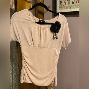 izBYER blouse pink with black flower with pearls/black gemstones size Medium